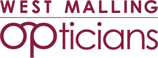 West Malling Opticians logo with burgundy text and horizontal line