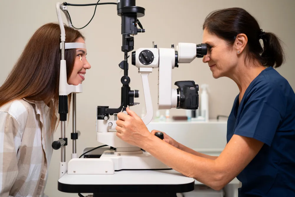 Optometrist using slit lamp to examine patient's eyes during eye examination