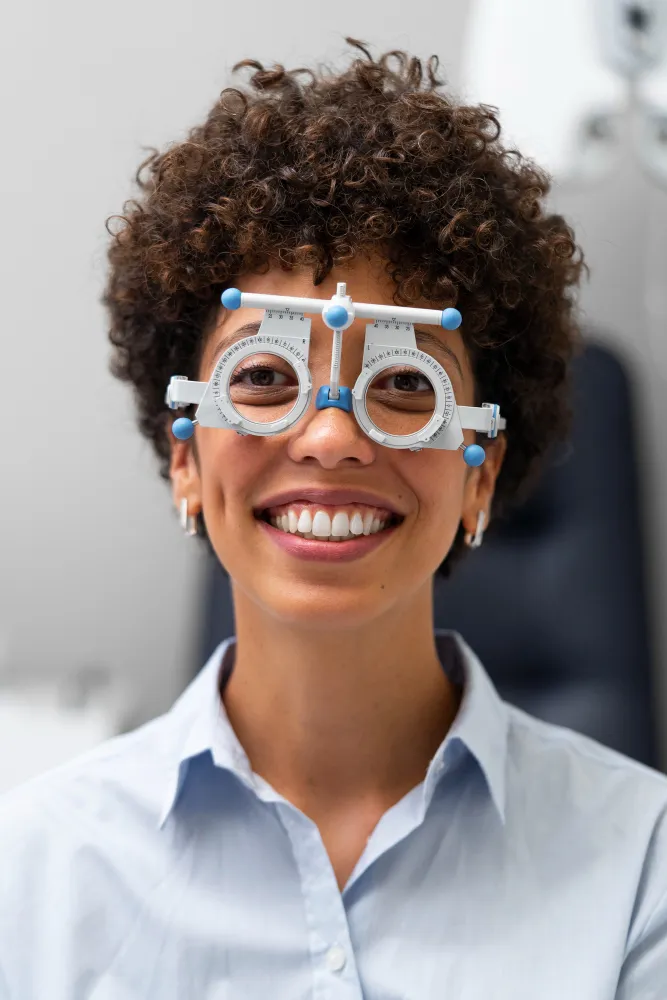 Smiling woman wearing a phoropter eye measurement device with blue adjustment knobs