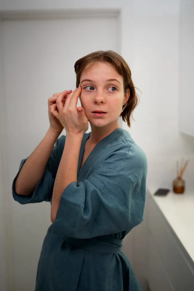 Woman in blue robe touching her face with surprised expression in bathroom
