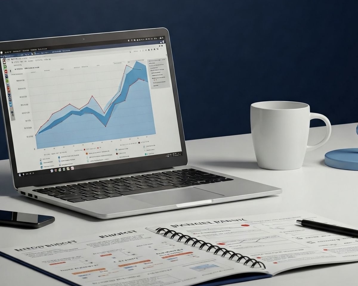 Ordinateur portable affichant un graphique en hausse sur une table blanche avec un carnet ouvert, un stylo, une tasse blanche et un smartphone.