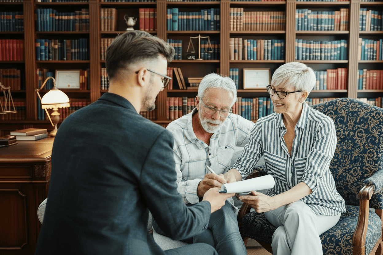 A legal professional in a law library assisting an older couple as they review and sign paperwork.