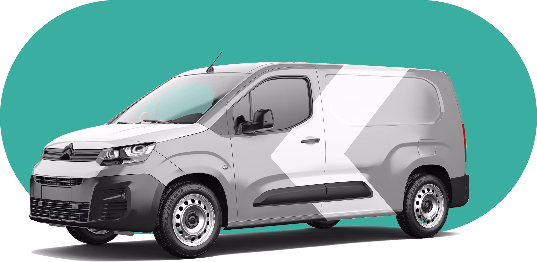 White delivery van with black trim and large white arrow graphic on side, against a teal background.