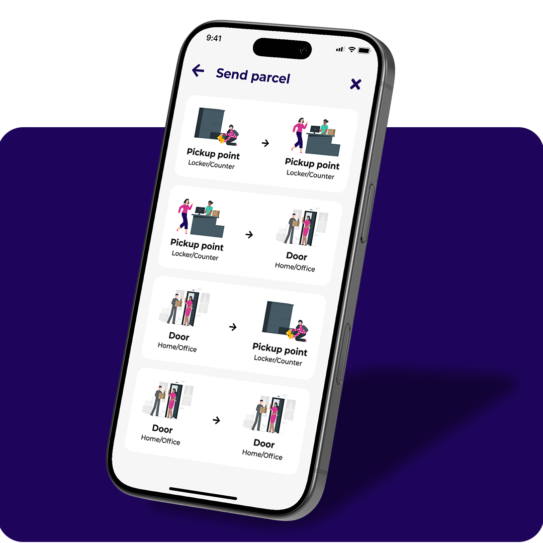 Smartphone screen displaying a parcel sending app with options for sending parcels between pickup points and doors at home or office.