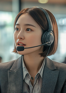 Professional woman with short brown hair wearing a headset and blazer, looking to the side in an office setting.