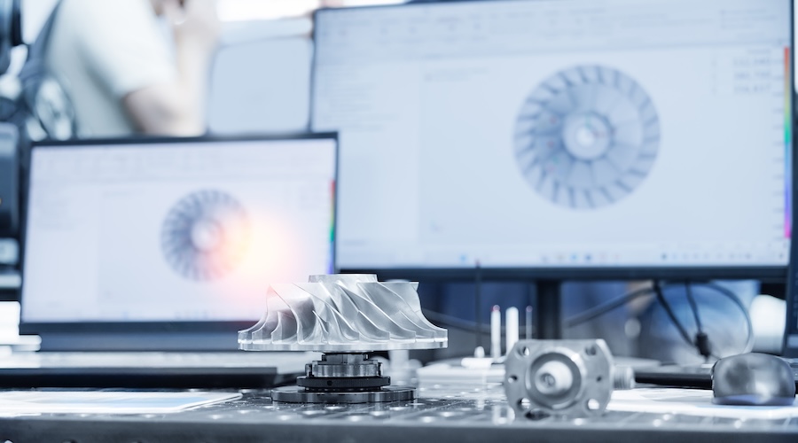 Metal turbine component on a workbench with CAD designs displayed on computer monitors in the background.