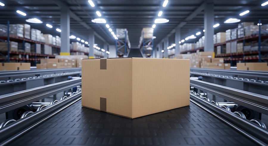 Box on manufacturing conveyor belt