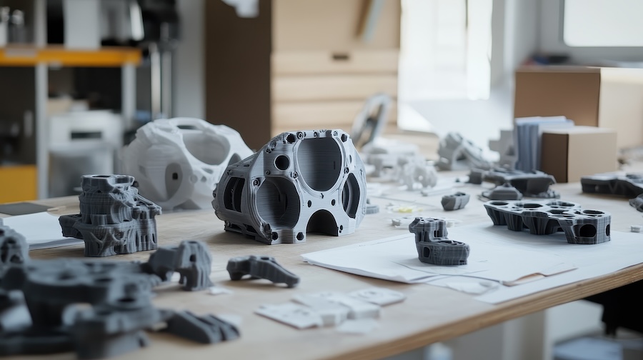 Raw materials used for 3D printing including pellets, filaments, and powders all in different colours.