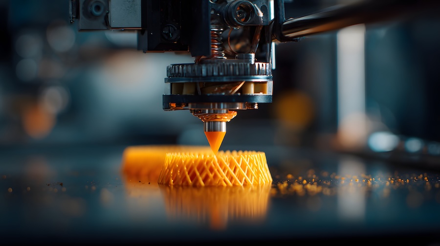 Close-up of a 3D printer extruding filament during the printing process.