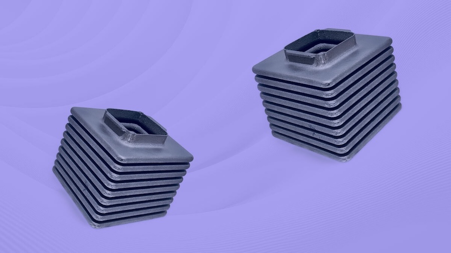 Additively manufactured square metal bellows prototype produced using laser powder bed fusion.