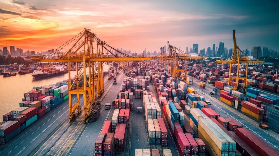 Shipping containers organised at a port, waiting to be transported.