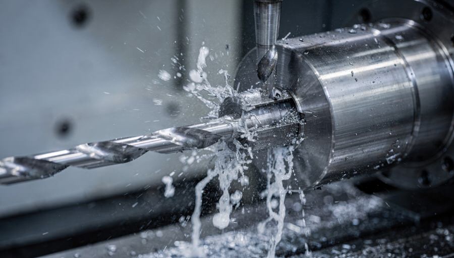 Deep hole drilling into the end of a cylindrical metal part under high-pressure coolant.