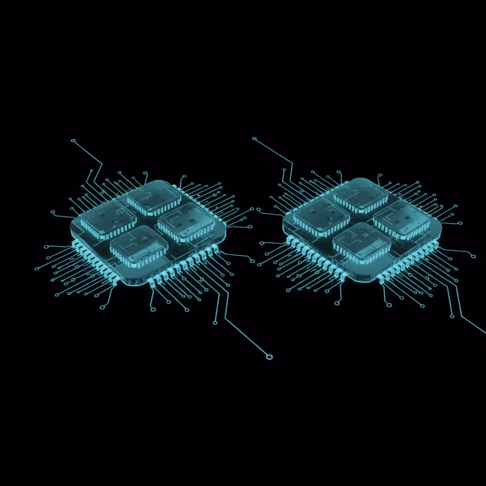 Digital illustration of two futuristic microchips with glowing circuit lines on a black background.
