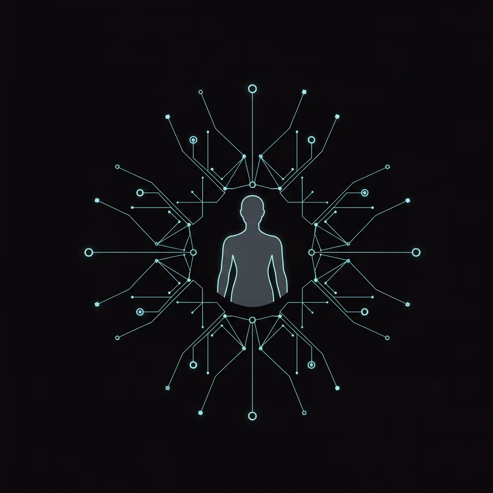 Silhouette of a person surrounded by a circular array of interconnected glowing lines and nodes on a black background.