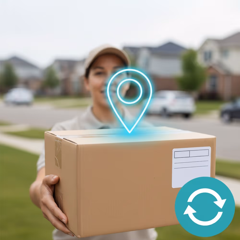 Delivery person holding a cardboard package with a glowing location pin icon above and a refresh symbol in the corner, suggesting package tracking and updates.