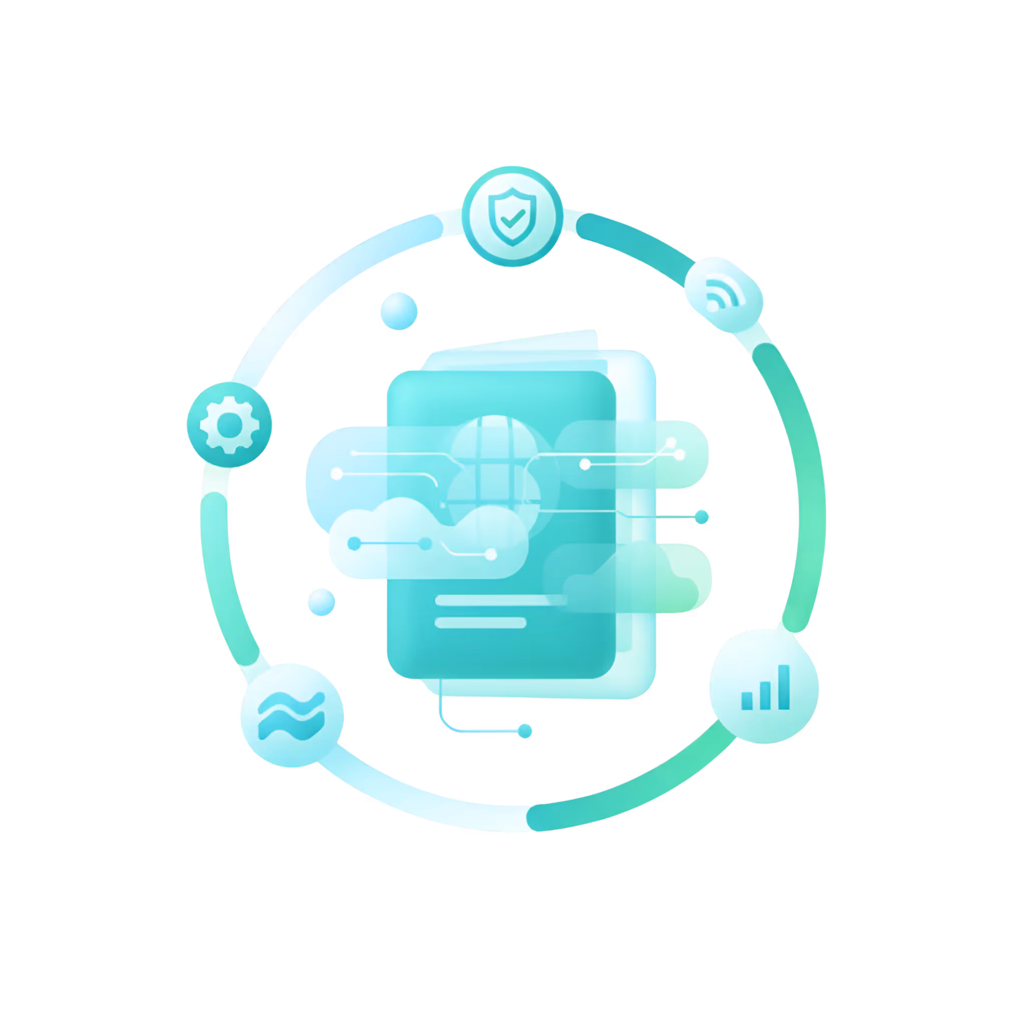 Digital document with cloud and network icons surrounded by a circular ring with icons for security, wireless, data analytics, waves, and settings.