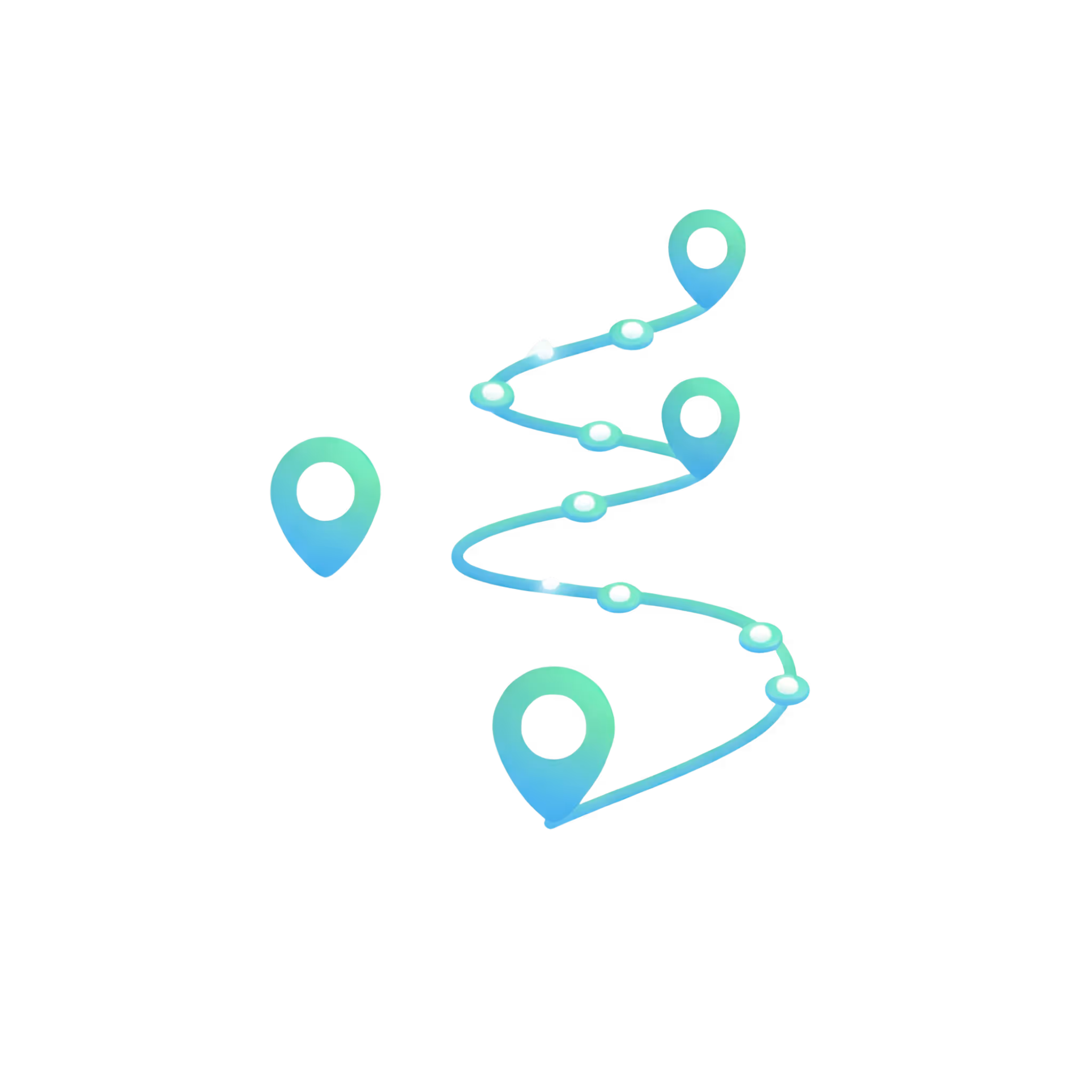Abstract winding path marked by location pins and connected dots representing a progression or route.