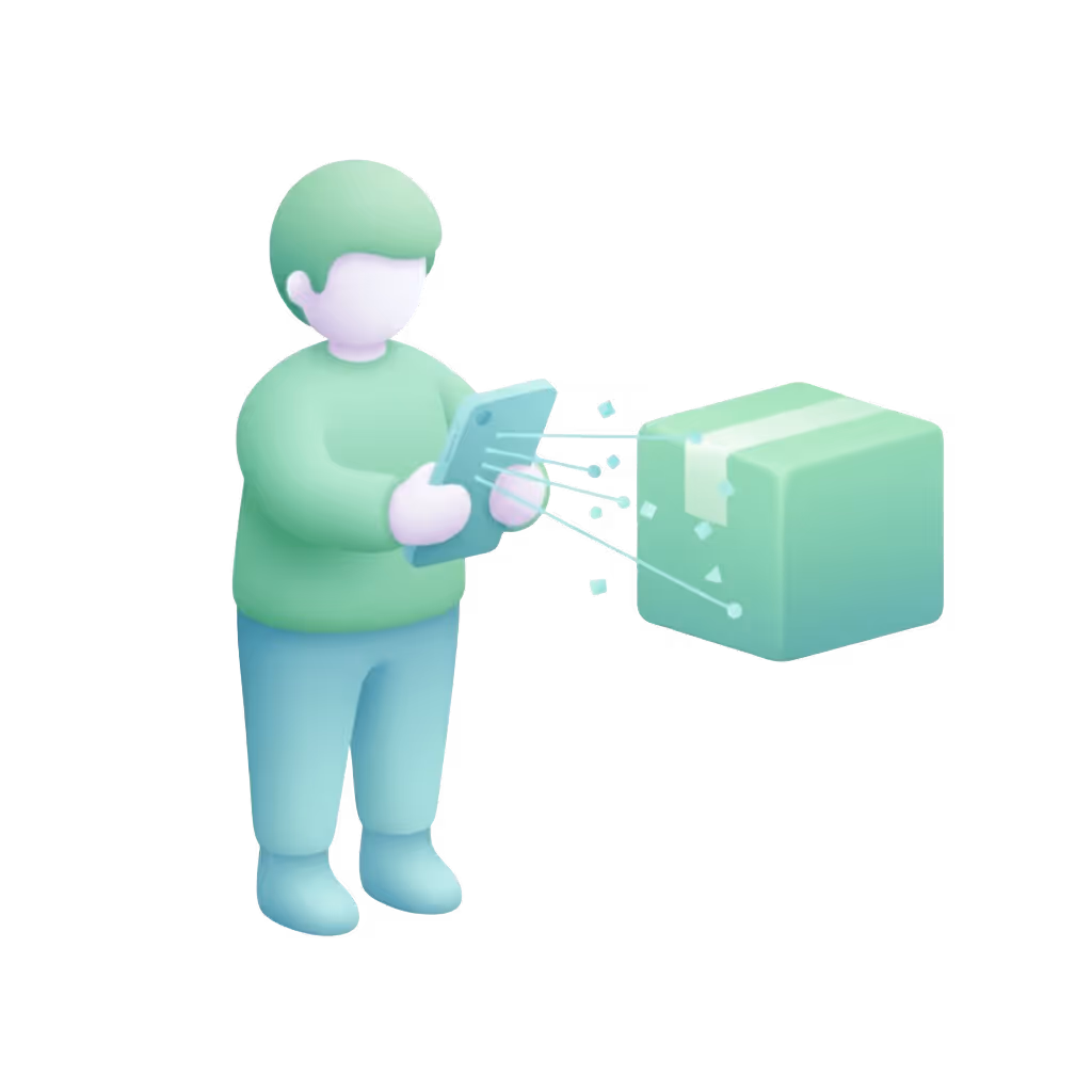 3D illustration of a person holding a tablet with digital data lines connecting to a green package box.