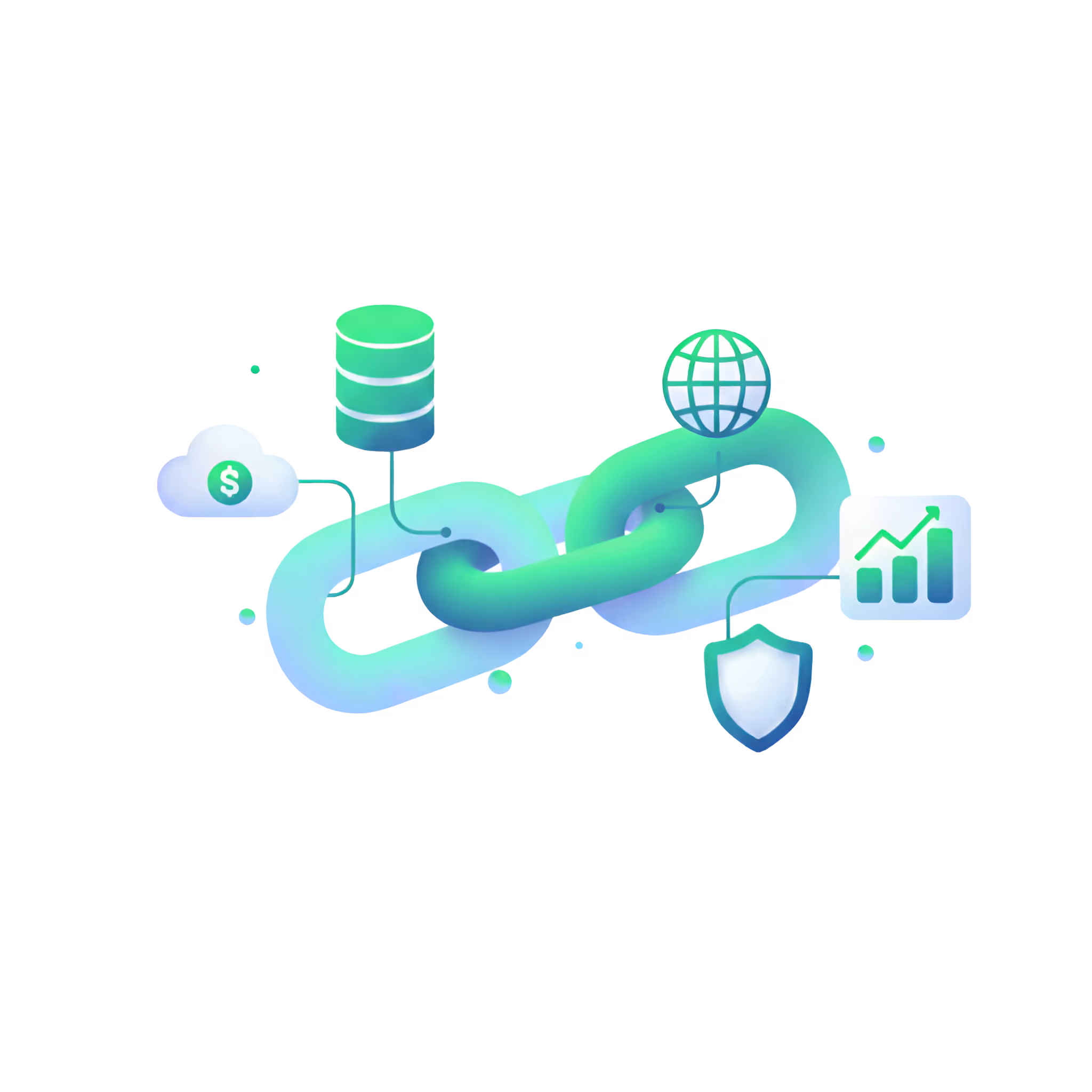 Illustration of a chain link connected to icons representing cloud finance, database, global network, security shield, and growth chart.