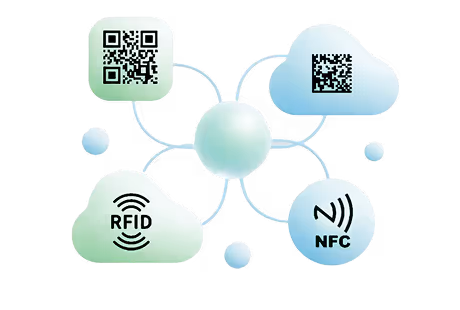 Illustration of a central sphere connected by lines to four cloud icons representing QR code, NFC, and RFID technologies.