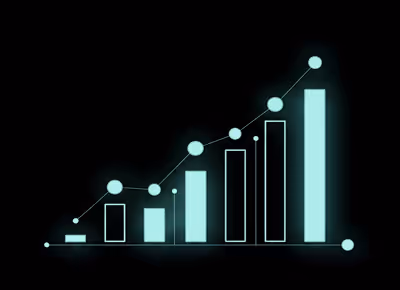 Glowing blue bar chart with six ascending bars and a connected line graph on a black background.