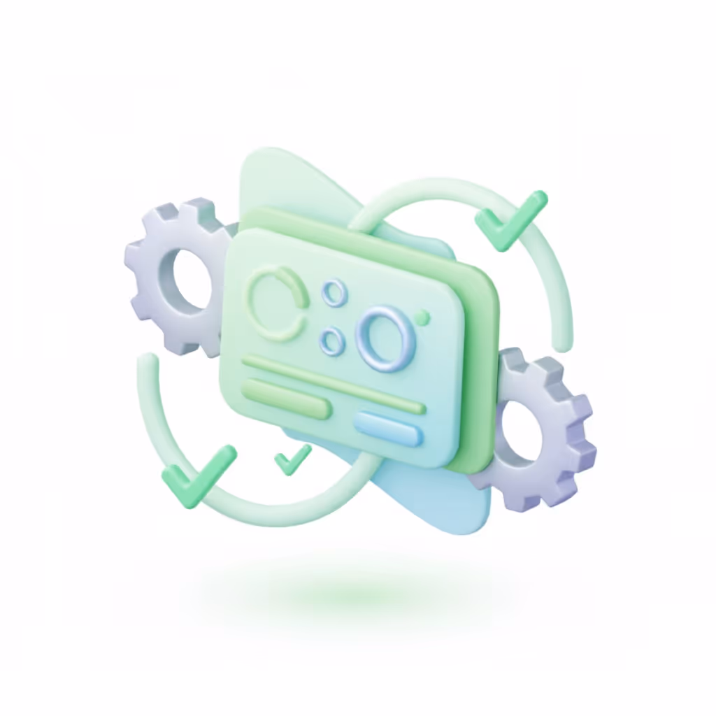 3D illustration of digital interface with gears and check marks symbolizing system configuration and successful operation.