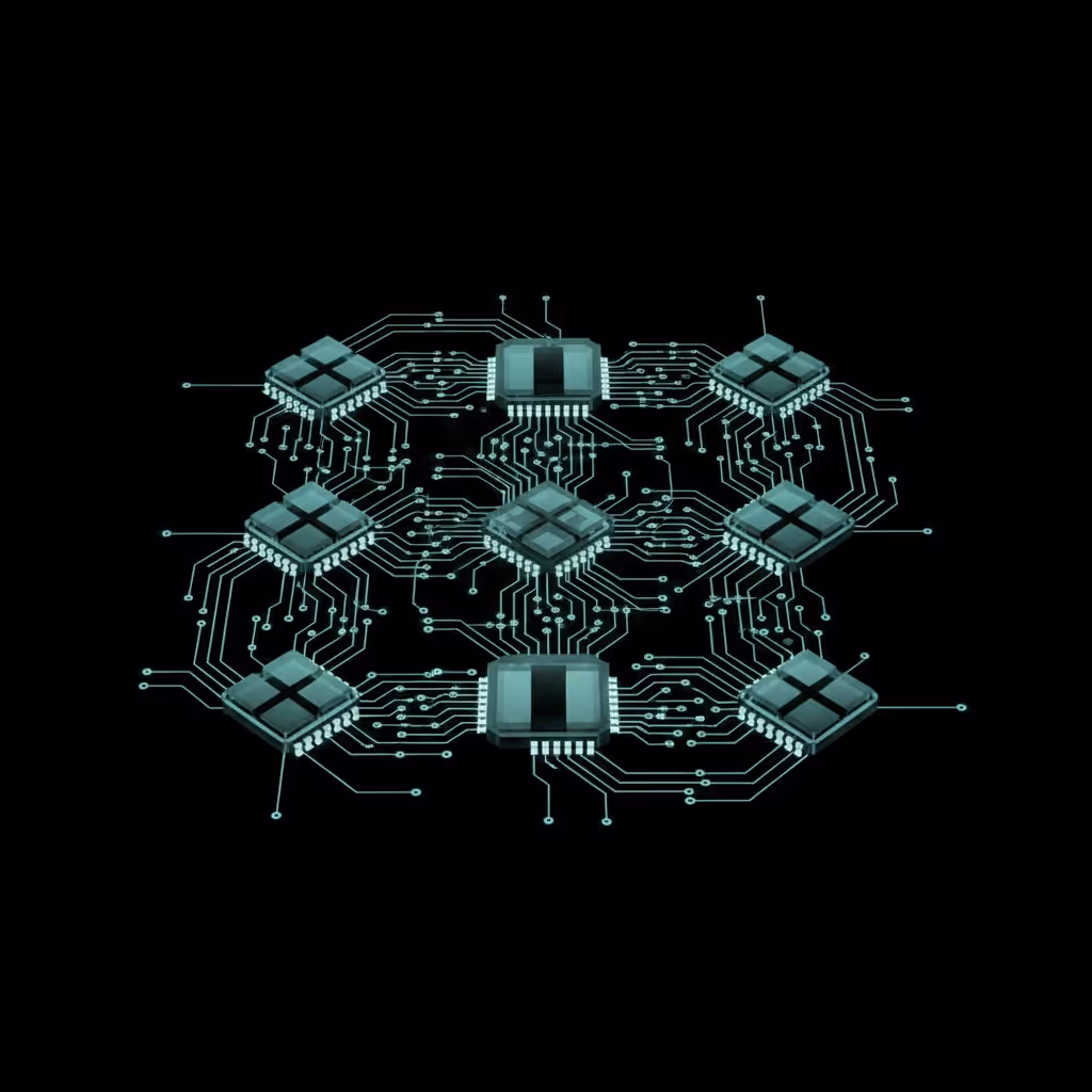 Digital illustration of multiple interconnected microchips on a black background representing data consolidation.