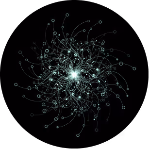 Abstract digital network with interconnected glowing nodes radiating from a bright center on a black background.