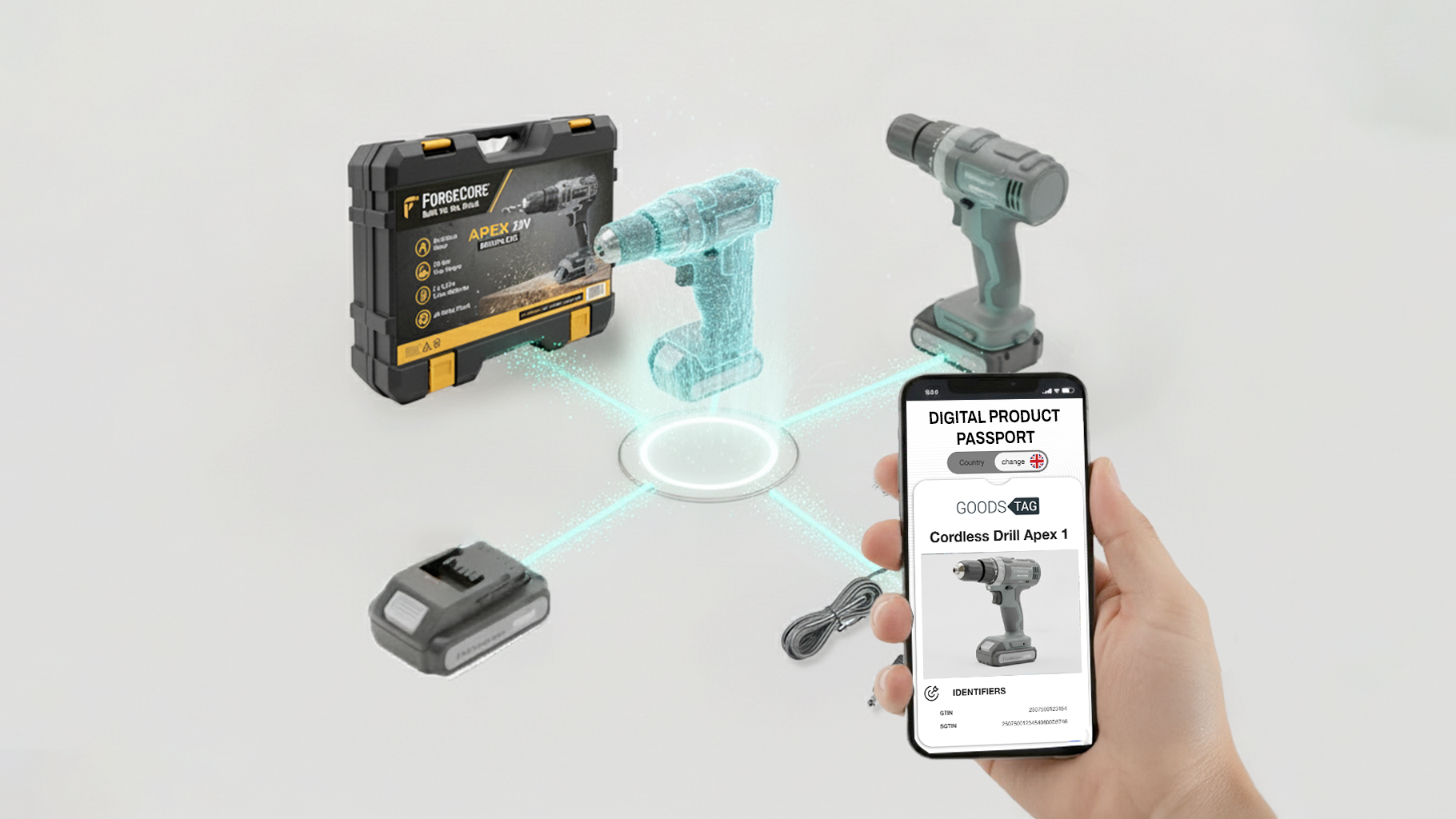 Goods Tag Digital Product Passport showing information about a cordless drill