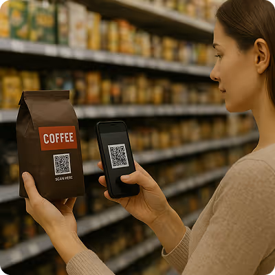 Woman scanning QR code on a coffee bag with a smartphone in a grocery store aisle.