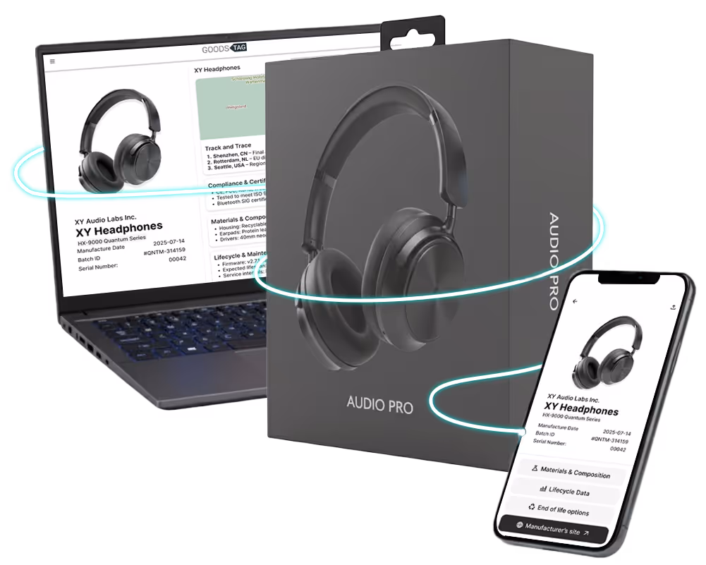 Black Audio Pro headphones alongside their black packaging, with a laptop and smartphone displaying detailed product information and certification data for XY Headphones connected by glowing blue lines.