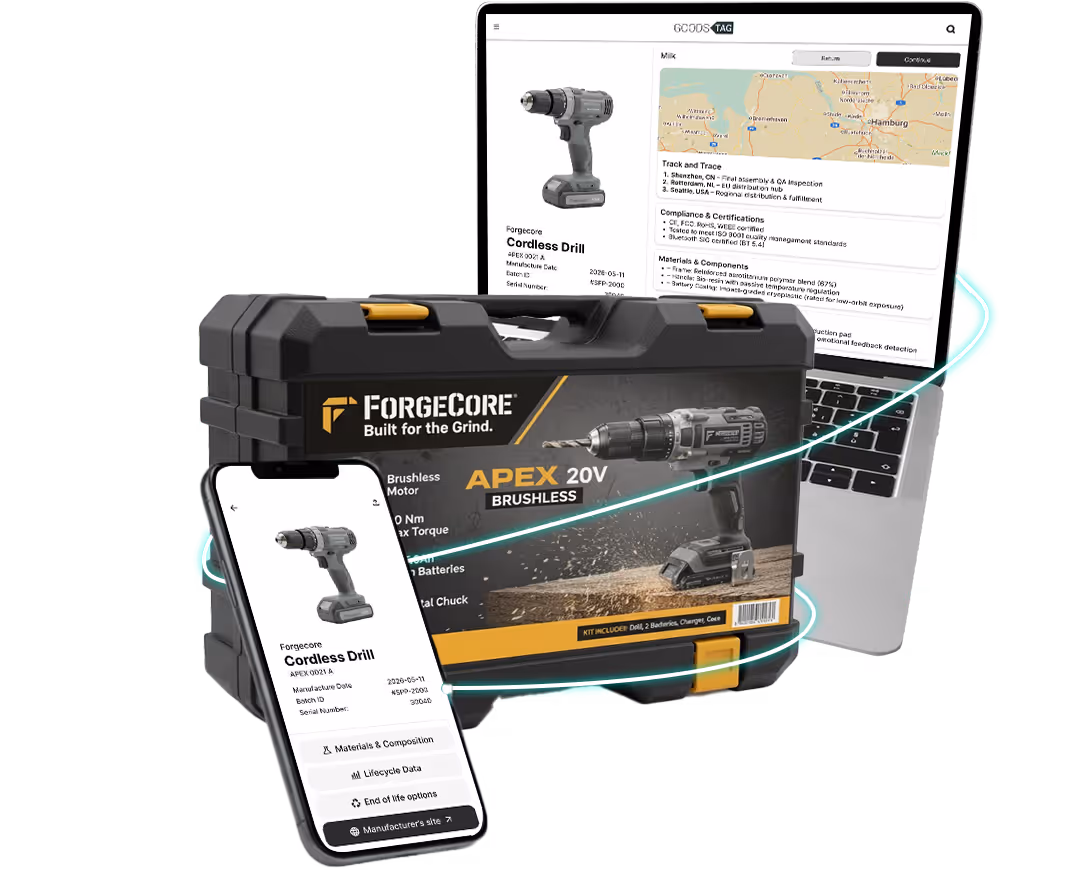 Brushless cordless drill in a black carrying case, displayed with a smartphone and laptop showing product details and traceability information.