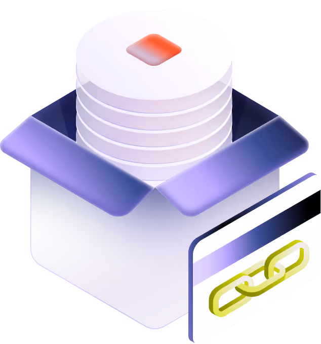 Stack of white coins with a red square on top inside an open purple box with a card showing a yellow chain link icon.