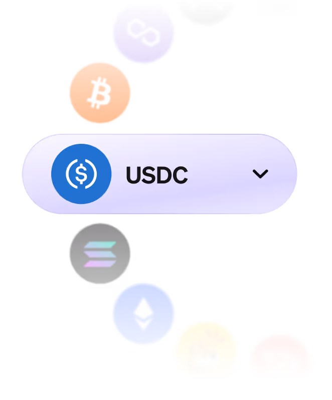 Crypto token icons including Bitcoin, Polygon, USDC, Solana, Ethereum, Shiba Inu, and PancakeSwap surrounding a USDC selection button.
