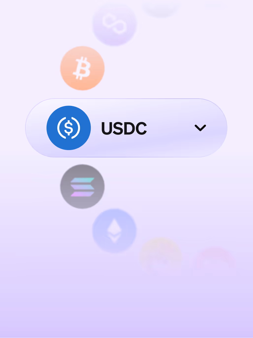 Dropdown menu with USDC cryptocurrency selected, surrounded by Bitcoin, Solana, Ethereum, and other cryptocurrency icons on a light purple background.