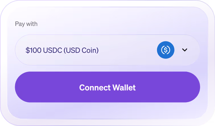 Payment interface showing $100 USDC (USD Coin) selected and a purple Connect Wallet button.