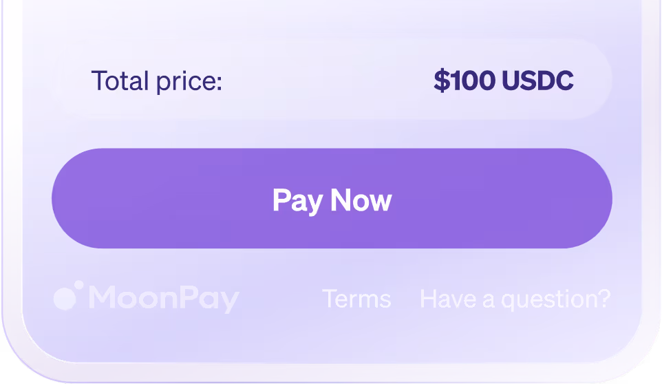 Payment interface showing total price $100 USDC with a purple Pay Now button and MoonPay logo.