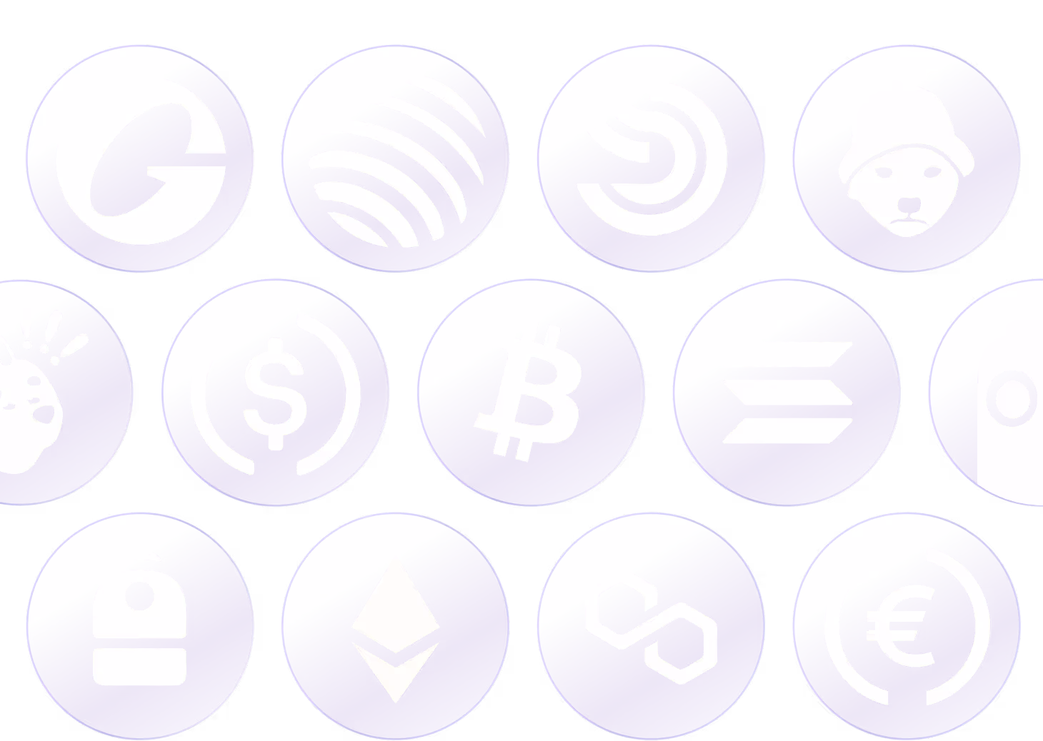 Purple and white gradient circles displaying various cryptocurrency and blockchain-related logos and symbols.