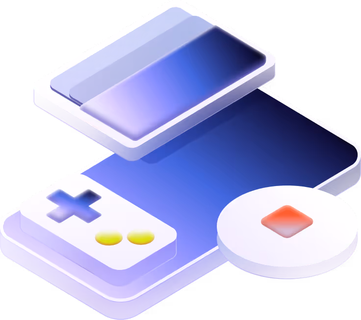 3D illustration of a modern handheld gaming console with buttons and a screen.