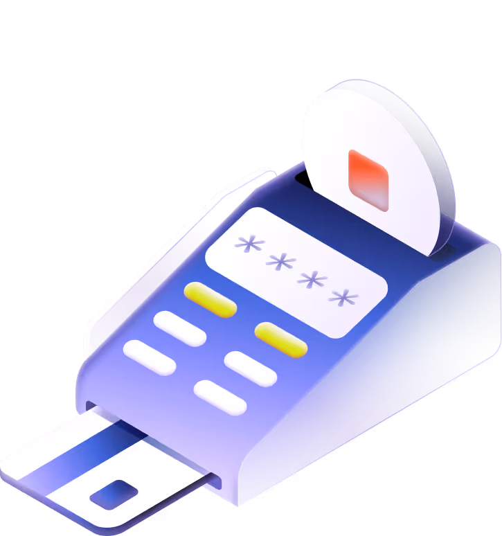 3D illustration of a purple payment terminal with a card inserted and a receipt printing.