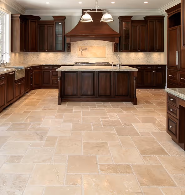 Travertine tile kitchen flooring installed by James River Flooring Richmond VA metro professionals