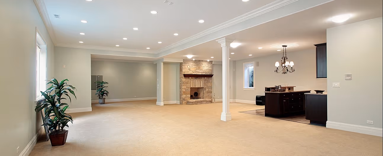 Beige carpet flooring in finished basement by James River Flooring Richmond VA metro installers