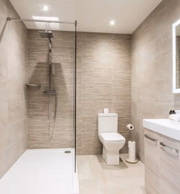 Certified bathroom tile featuring soft tan with large format tiles available in Reedy Church District Virginia homes