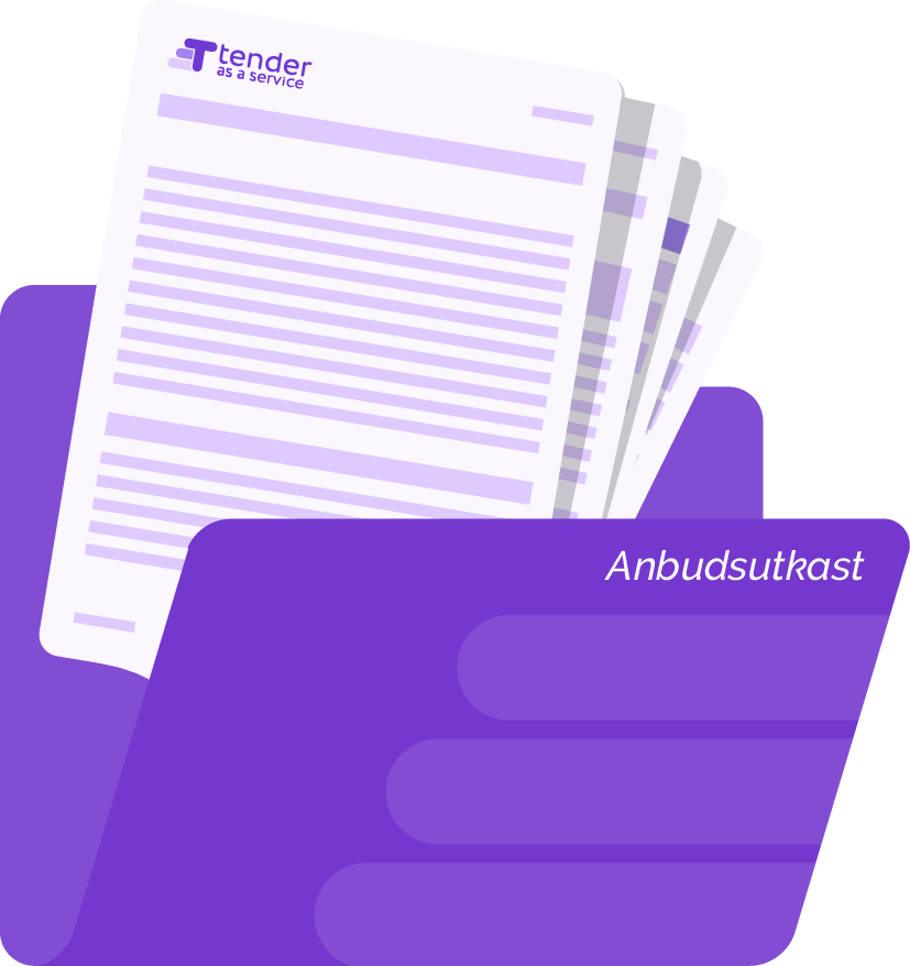 En lila mapp märkt Anbudsutkast med flera dokument som sticker ut, det översta med texten tender as a service.