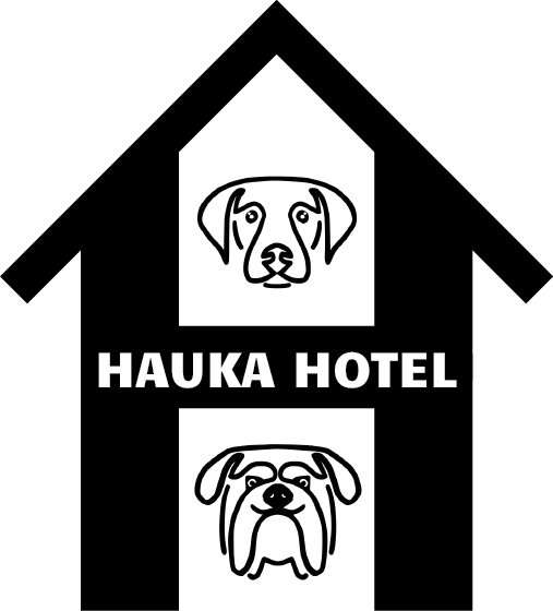 Black house-shaped logo with a dog's head in the top window and a bulldog's head in the bottom window, with text 'HAUKA HOTEL' in the middle.