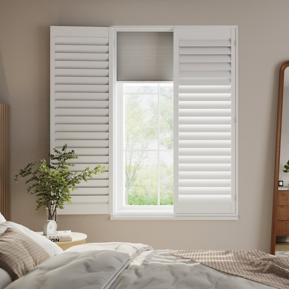 white finished blackout shutters with blinds open