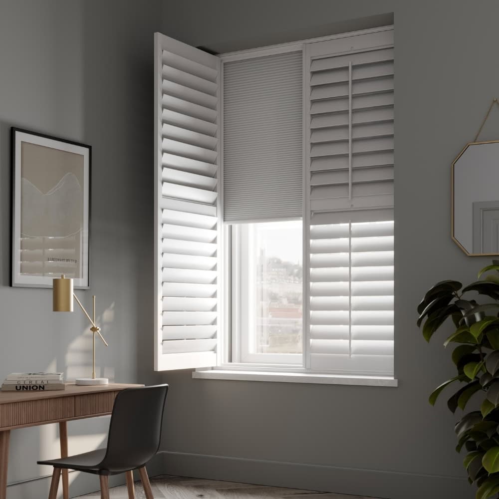 grey bedroom with blackout shutters