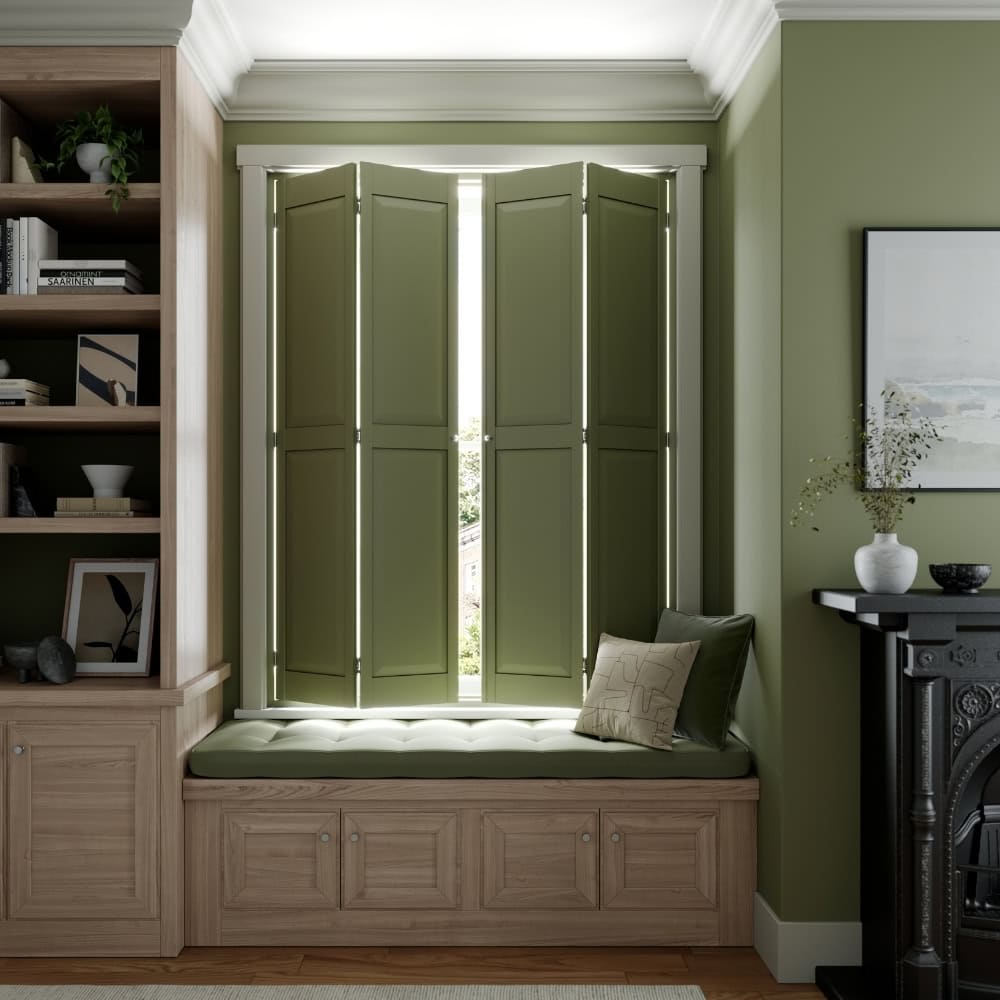 solid shutters with green finish with window seat