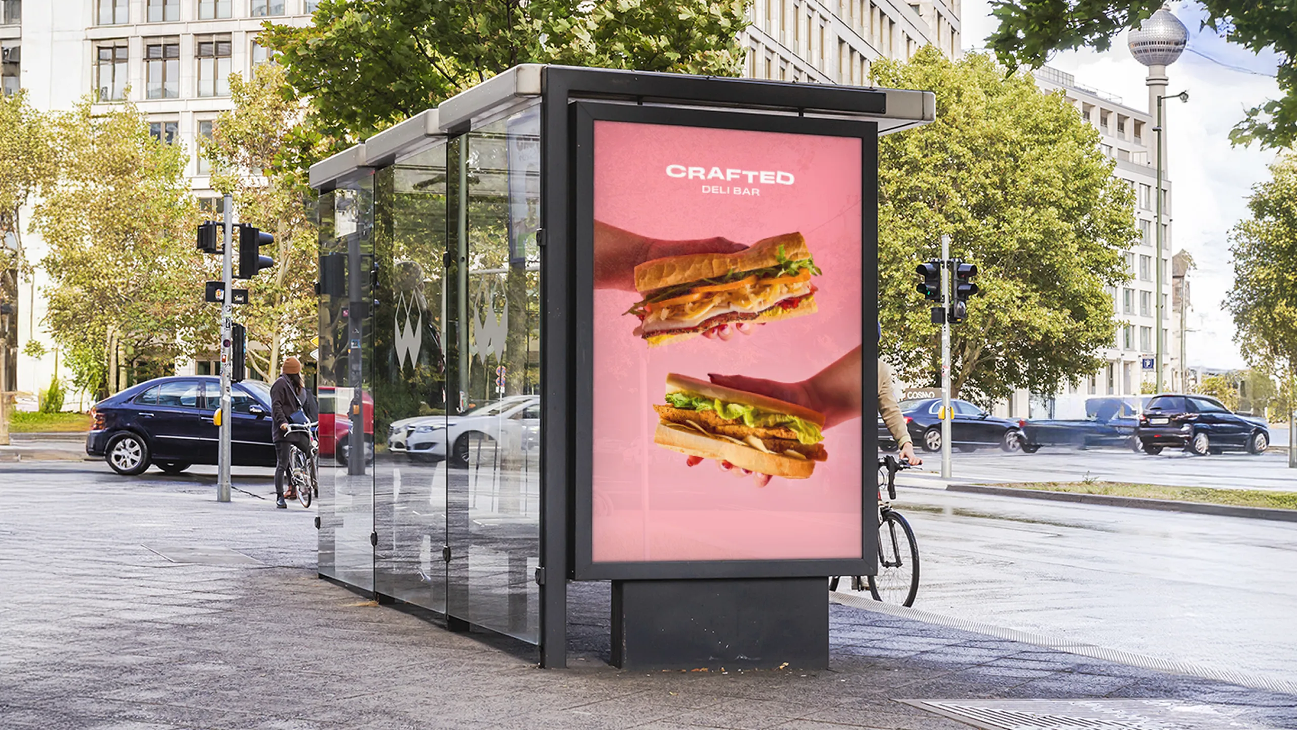 2 sandwiches on a bus shelter