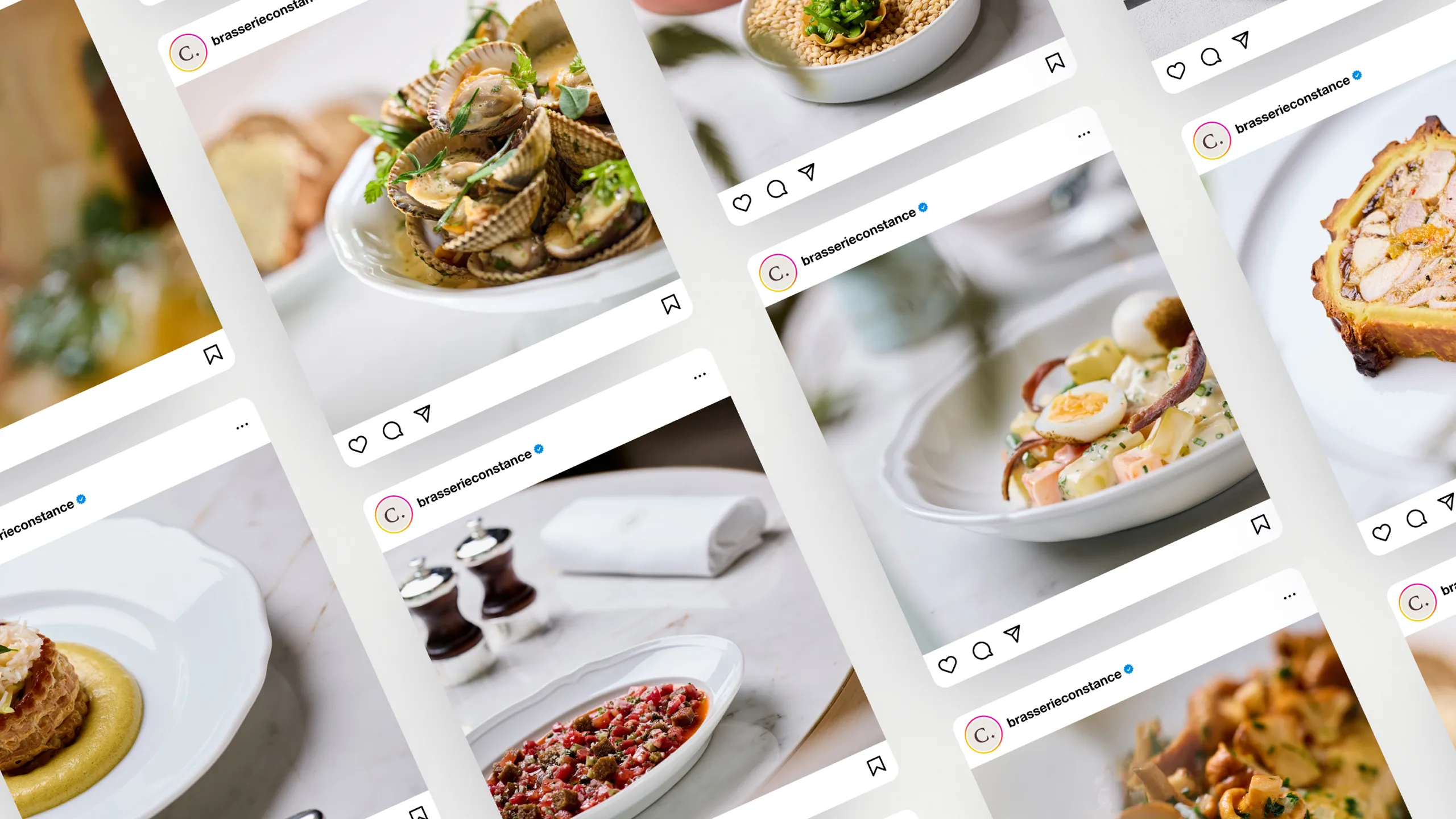A showcase of high-end food in social media tiles.